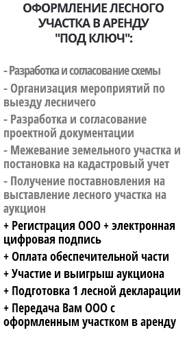 ОФОРМЛЕНИЕ ЛЕСНОГО УЧАСТКА В АРЕНДУ "ПОД КЛЮЧ": - Разработка и согласование схемы - Организация мероприятий по выезду лесничего - Разработка и согласование проектной документации - Межевание земельного участка и постановка на кадастровый учет - Получение поставновления на выставление лесного участка на аукцион + Регистрация ООО + электронная цифровая подпись + Оплата обеспечительной части + Участие и выигрыш аукциона + Подготовка 1 лесной декларации + Передача Вам ООО с оформленным участком в аренду